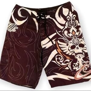 O’Neill 32 Skull Boardshorts, Brown / White , Gothic Skull, Logo Day Of The Dead
